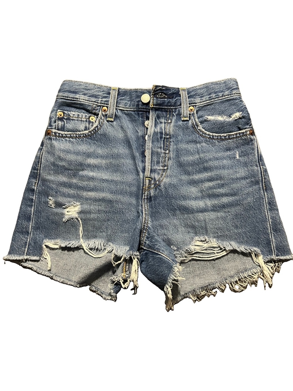 Levi’s Premium Ribcage Denim Shorts High Rise Distressed Blue Wash Size 25